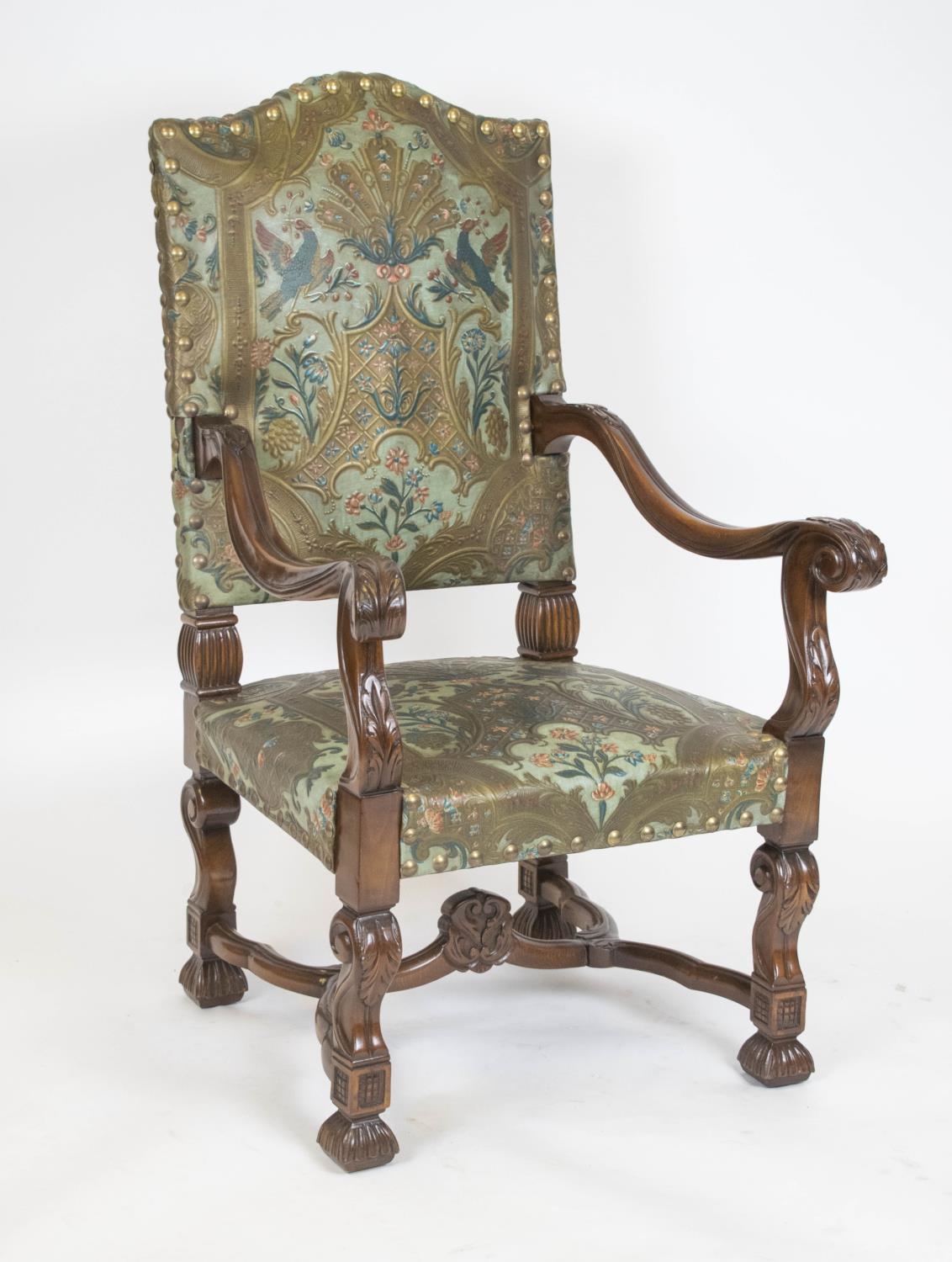 THRONE CHAIR, 121cm H x 72cm W x 70cm D, Louis XIV style in polychrome embossed leather.