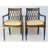 ARMCHAIRS, a pair, Regency style, black lacquered and gilt hand painted, each with cane panelled