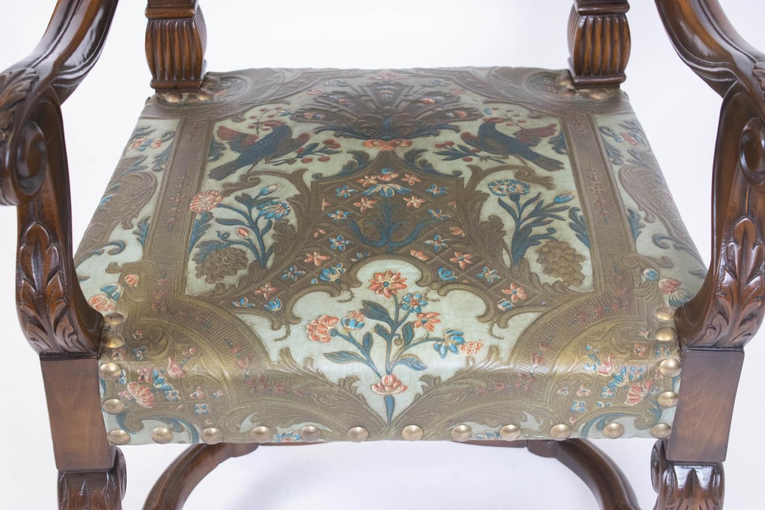 THRONE CHAIR, 121cm H x 72cm W x 70cm D, Louis XIV style in polychrome embossed leather. - Image 4 of 5