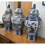 TEMPLE JARS, a set of four, 62cm H, Chinese Export, blue and white ceramic, Foe dog detail on