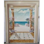 RIVIERA SCHOOL, 'Classical Terrace with Mediterranean Beyond', oil on panel, 235cm x 185cm, framed.