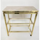 SERVING TROLLEY/CONSOLE, 84cm W x 76cm W x 38cm, 1970's brass framed, with marble top and glass