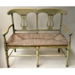 HALL BENCH, vintage, green stained, with raised lyre back and rush seat, 114cm W.