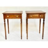 LAMP TABLES, a pair, George III design burr elm and crossbanded each with frieze drawer and turned