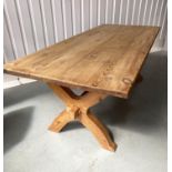 HARVEST TABLE, vintage weathered pine on X trestles with stretcher, 213cm x 90cm D x 75cm H.