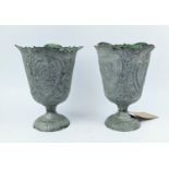 LEAD TIN PEDESTAL VASES, probably late 19th century, embossed decoration, footed bases, 26cm H. (2)