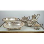 GARRARD & Co. TEA SERVICE, silver plate, with ornate foliate decoration and two serving trays,