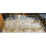 LOW TABLE, 135cm x 90cm x 39cm, 1970s Italian style, gilt metal base, glass top.