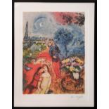 MARC CHAGALL, 'Lovers, Paris' lithograph, 77cm x 57cms, framed.