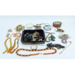 COLLECTION OF COSTUME JEWELLERY, including cameo brooch, silver and turquoise bracelet, coral