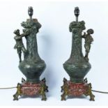 FIGURAL TABLE LAMPS, early to mid 20th century spelter, raised on red marble bases with gilt metal