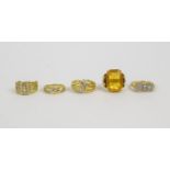 COLLECTION OF FIVE RINGS, yellow metal, probably high carat gold, comprising four diamond set
