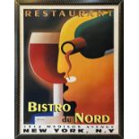 RESTAURANT BISTRO DU NORD POSTER, Art deco style, 161cm x 124cm overall, framed.
