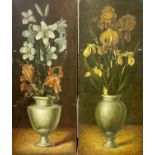 17th CENTURY MANNER, Flowers in Classical Vases, oil on canvas, 200cm x 80cm each. (2)