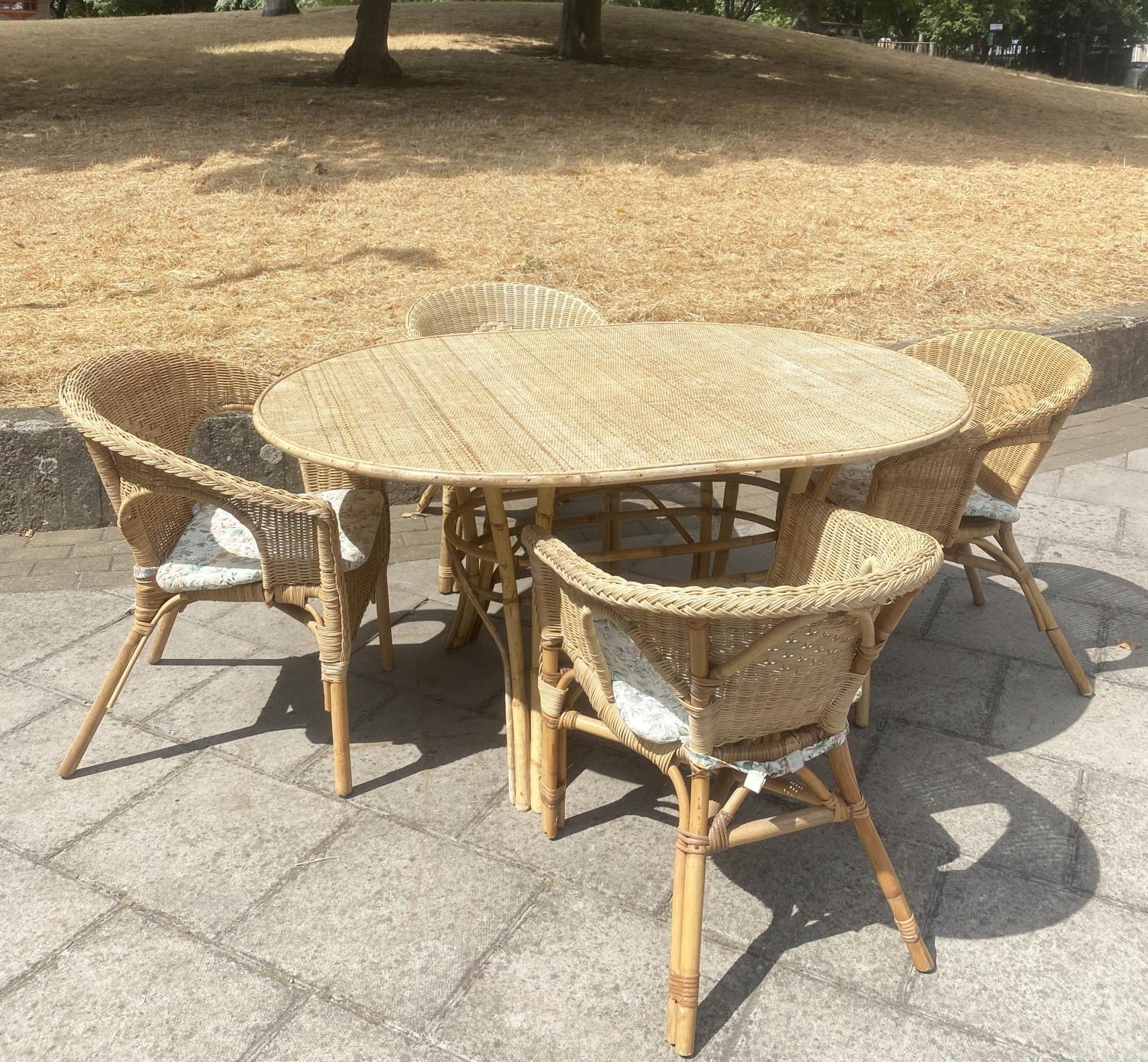 BAMBOO CENTRE/PICNIC TABLE AND CHAIRS, 1950s oval wicker panelled, bamboo framed and cane bound with