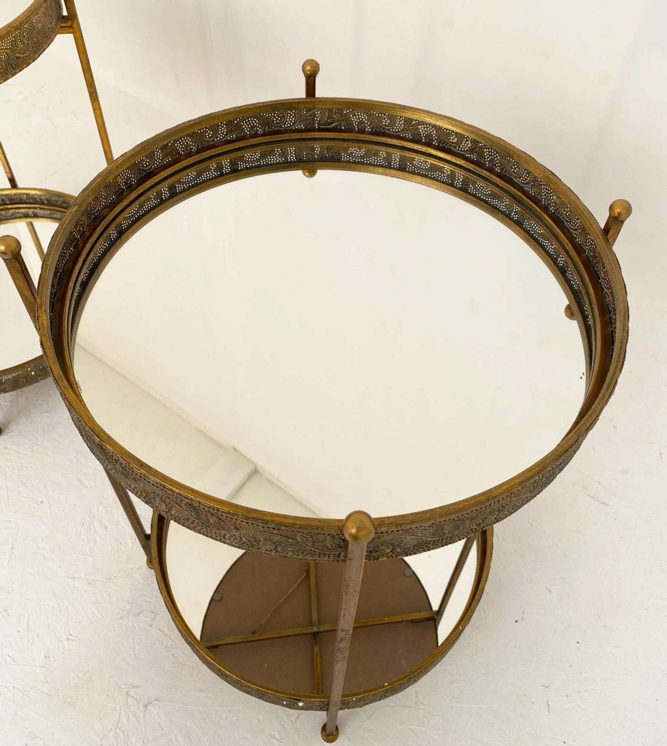SIDE TABLES, pair, Maison Jansen style, 63cm high, 48cm diameter, gilt metal surrounds, mirrored - Bild 6 aus 7
