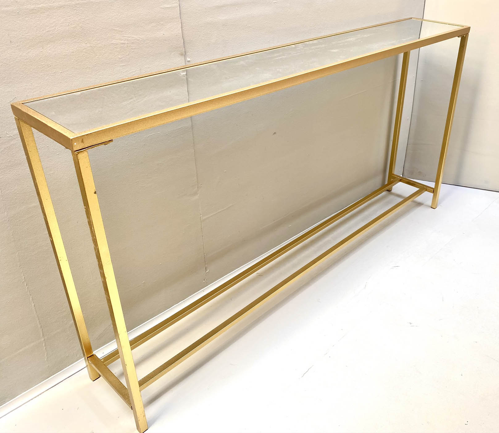 SLIM CONSOLE TABLE, gilt metal base inset glass top, 79cm x 152cm x 25cm. - Bild 3 aus 7