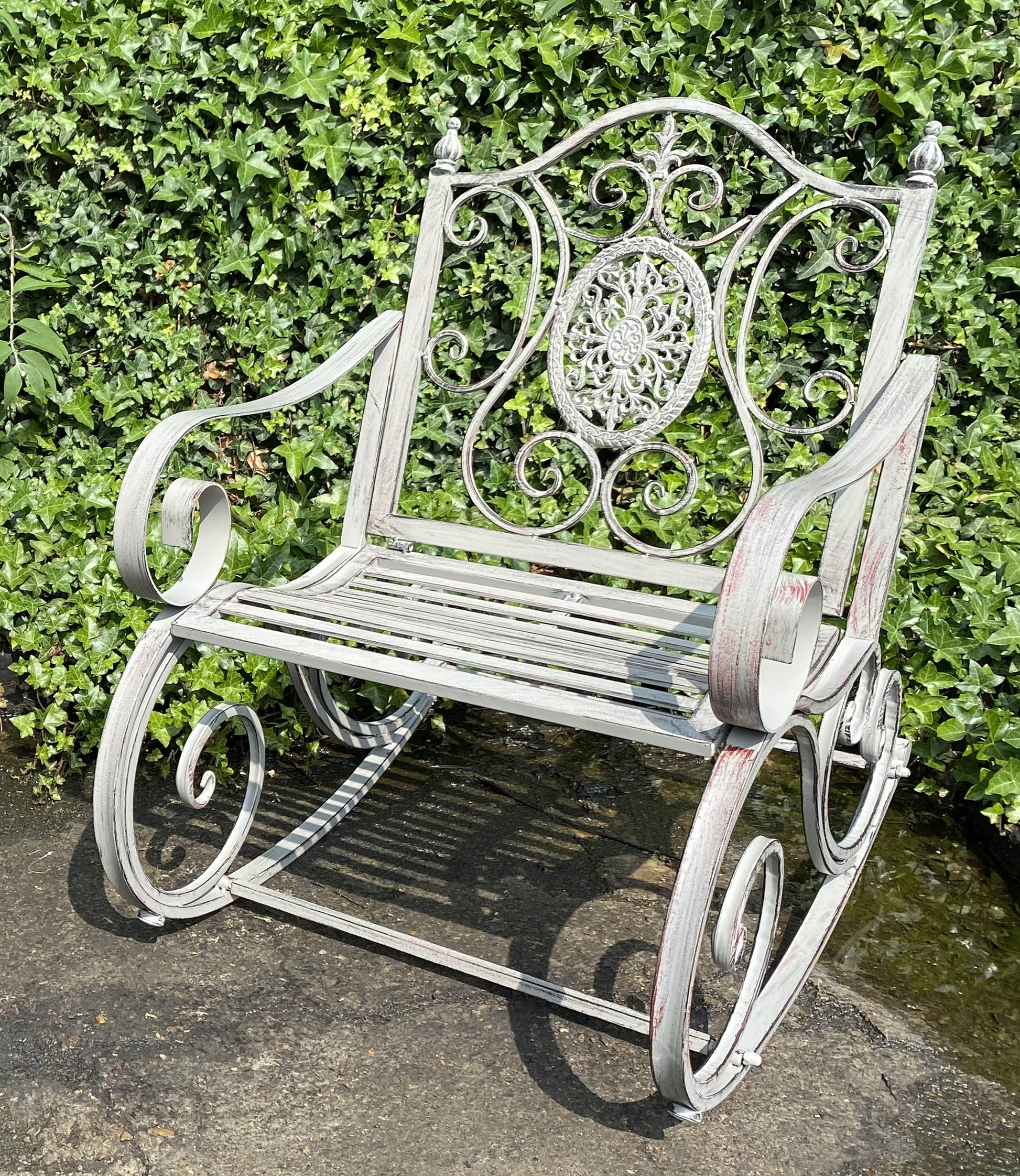 GARDEN ROCKING CHAIR, 88cm x 64cm x 90cm, distressed painted metal frame.