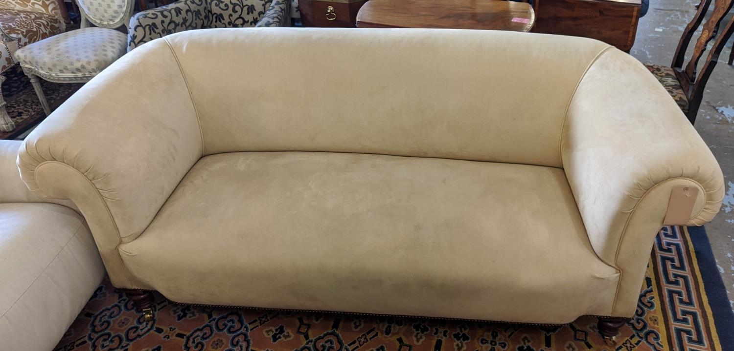 CHESTERFIELD SOFA, Edwardian with turned legs and brass castors, upholstered in suede, 200cm W. - Bild 2 aus 6