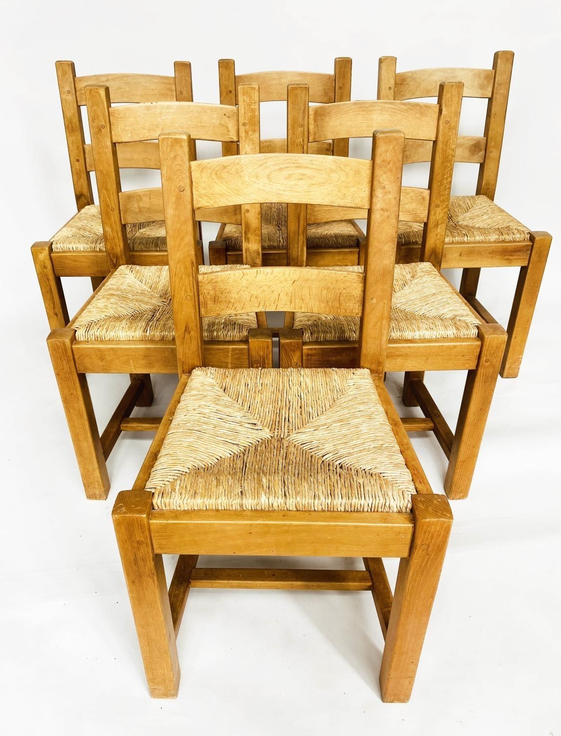 DINING CHAIRS, a set of six vintage beech with woven rush seats. (6)