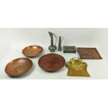 ARTS AND CRAFTS COPPER BOWLS, two hand hammered along with a lily decorated tray, a pewter box,