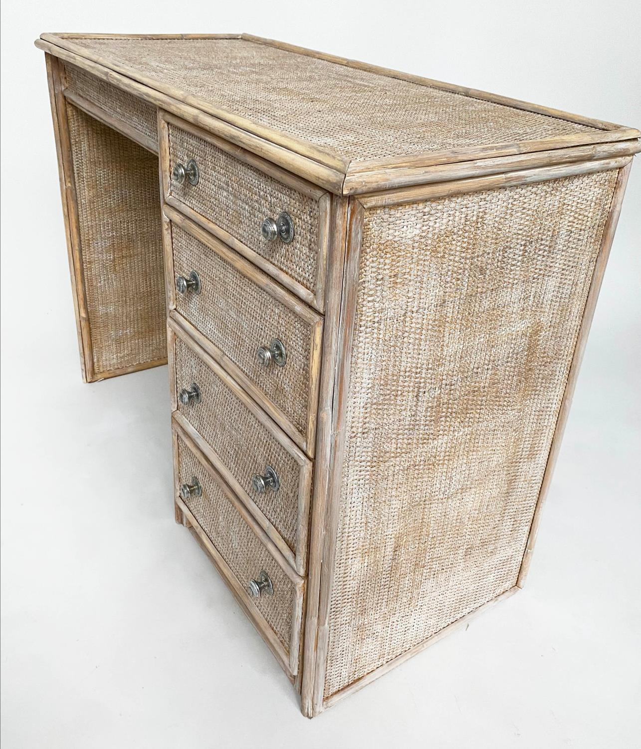 SIDE TABLE/DESK, bamboo framed and cane panelled with kneehole and four drawers, 98cm W x 44cm D x - Bild 3 aus 8