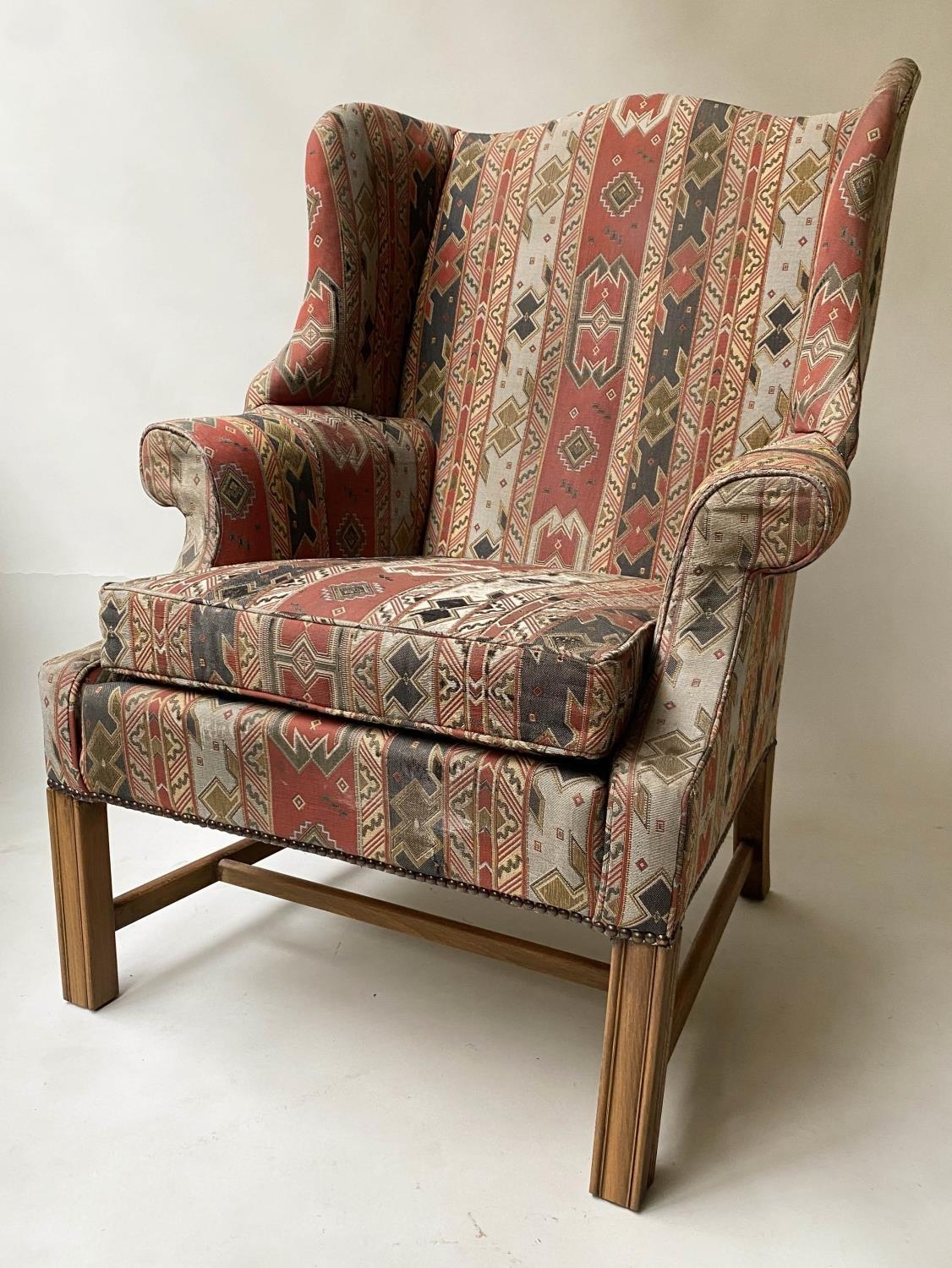 KILIM STYLE WING ARMCHAIR, George III design mahogany, with patterned woven upholstery, 80cm W.