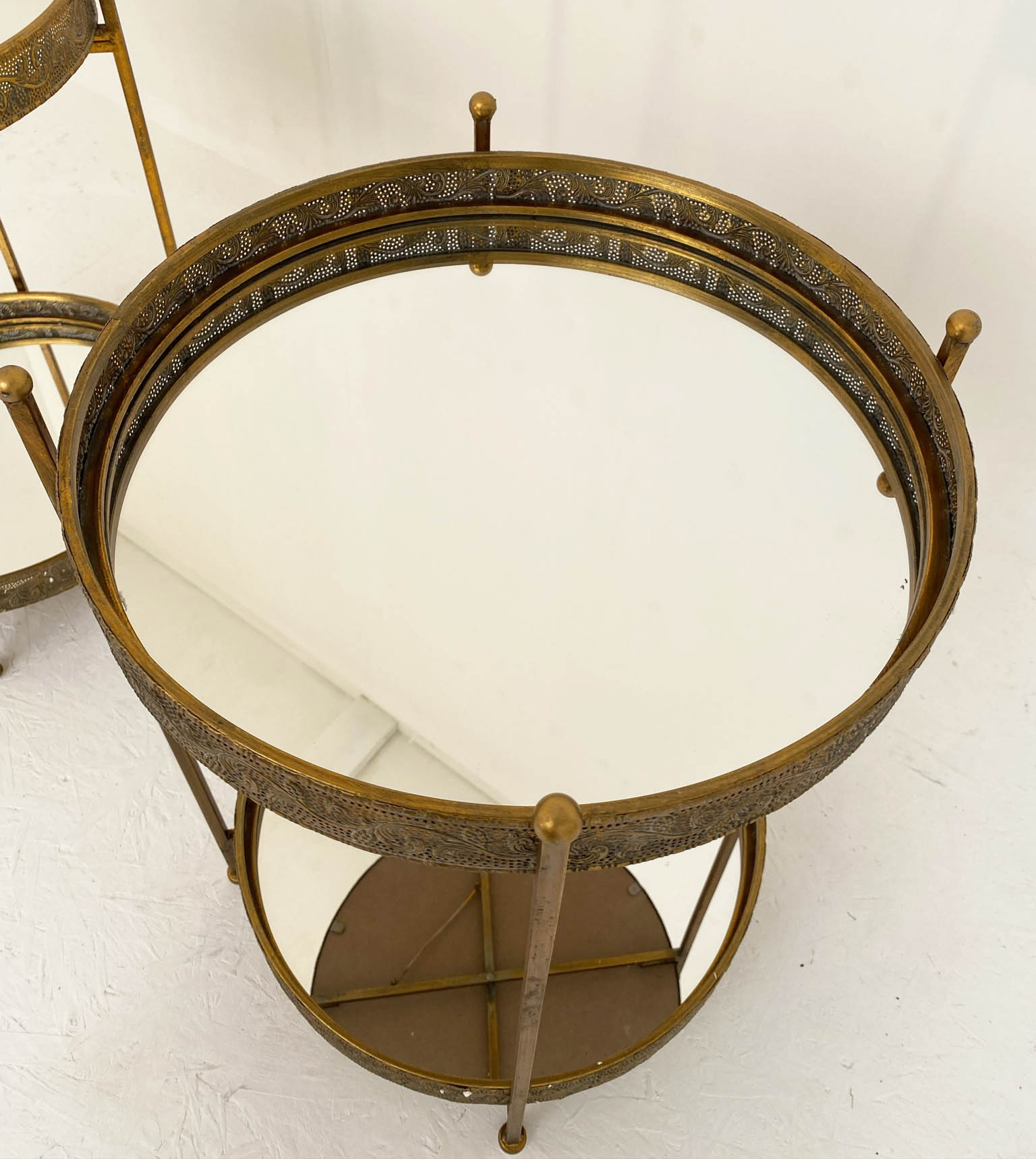 SIDE TABLES, pair, Maison Jansen style, 63cm high, 48cm diameter, gilt metal surrounds, mirrored - Bild 7 aus 7