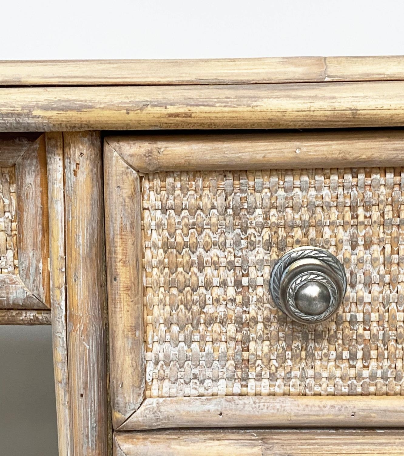 SIDE TABLE/DESK, bamboo framed and cane panelled with kneehole and four drawers, 98cm W x 44cm D x - Bild 7 aus 8