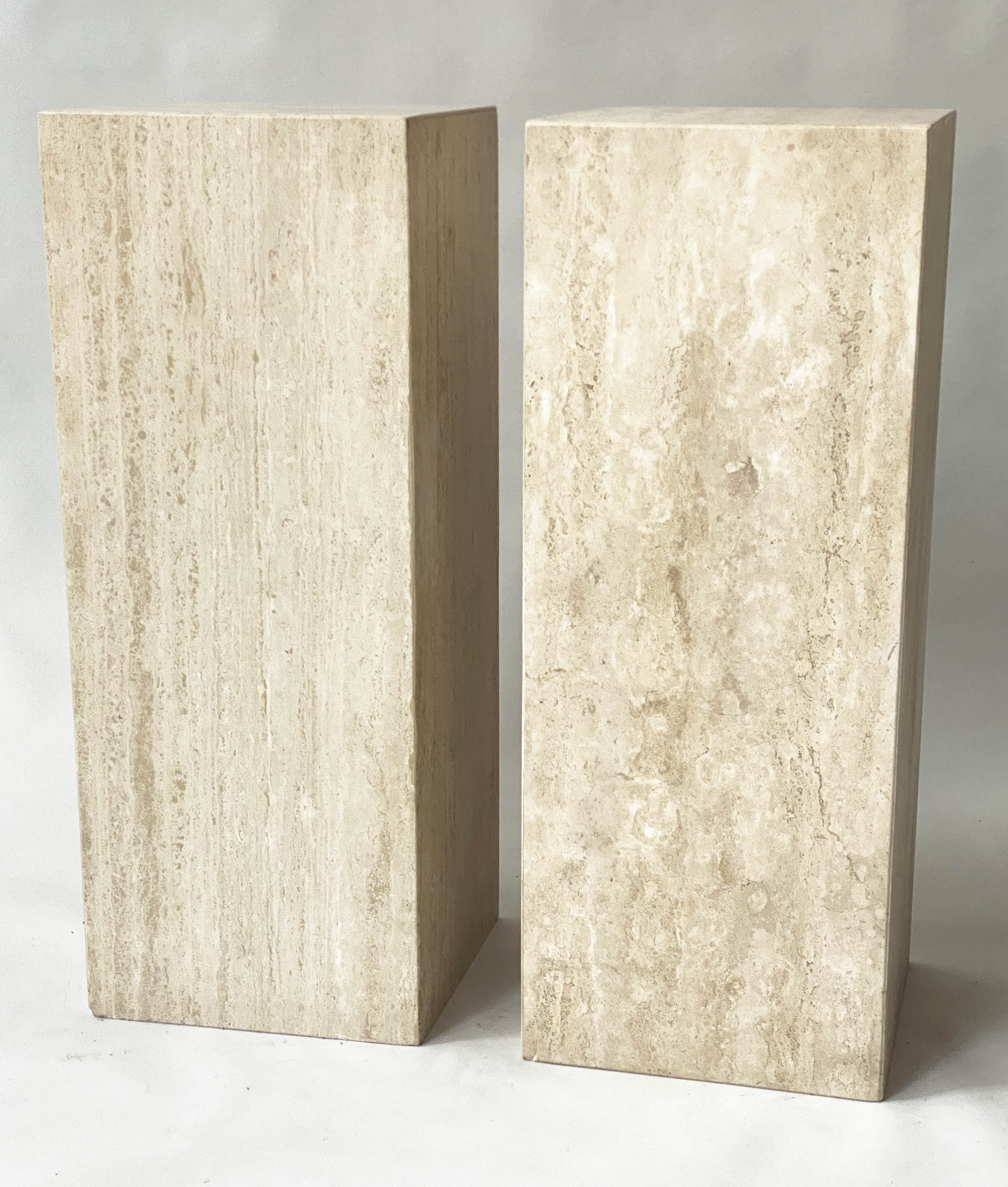 PEDESTALS, a pair, 1970s Italian travertine marble, 35cm x 35cm x 90cm H.