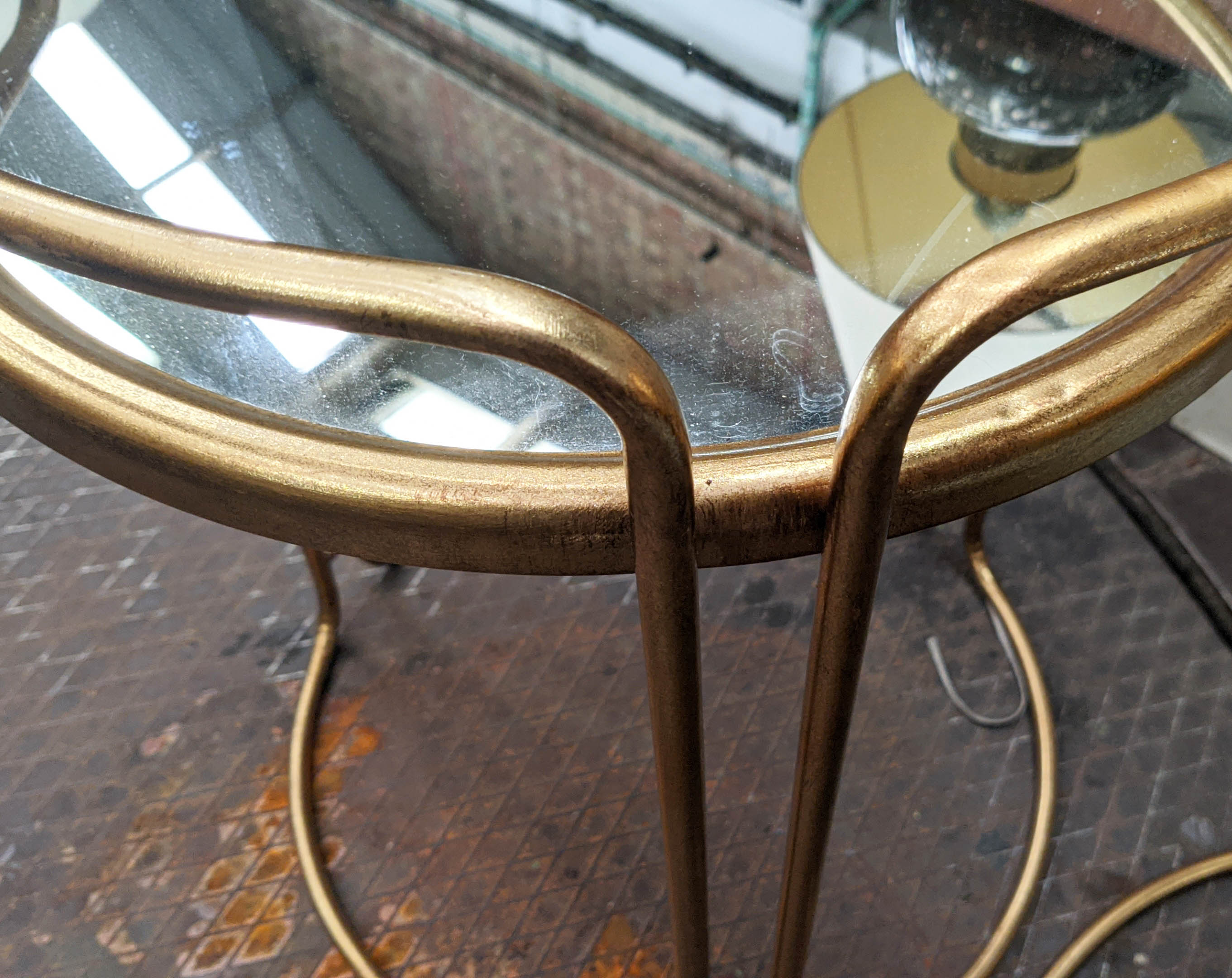 SIDE TABLES, a pair, 64cm x 48cm diam., 1970s Italian style, gilt metal, mirrored top. (2) - Bild 7 aus 7