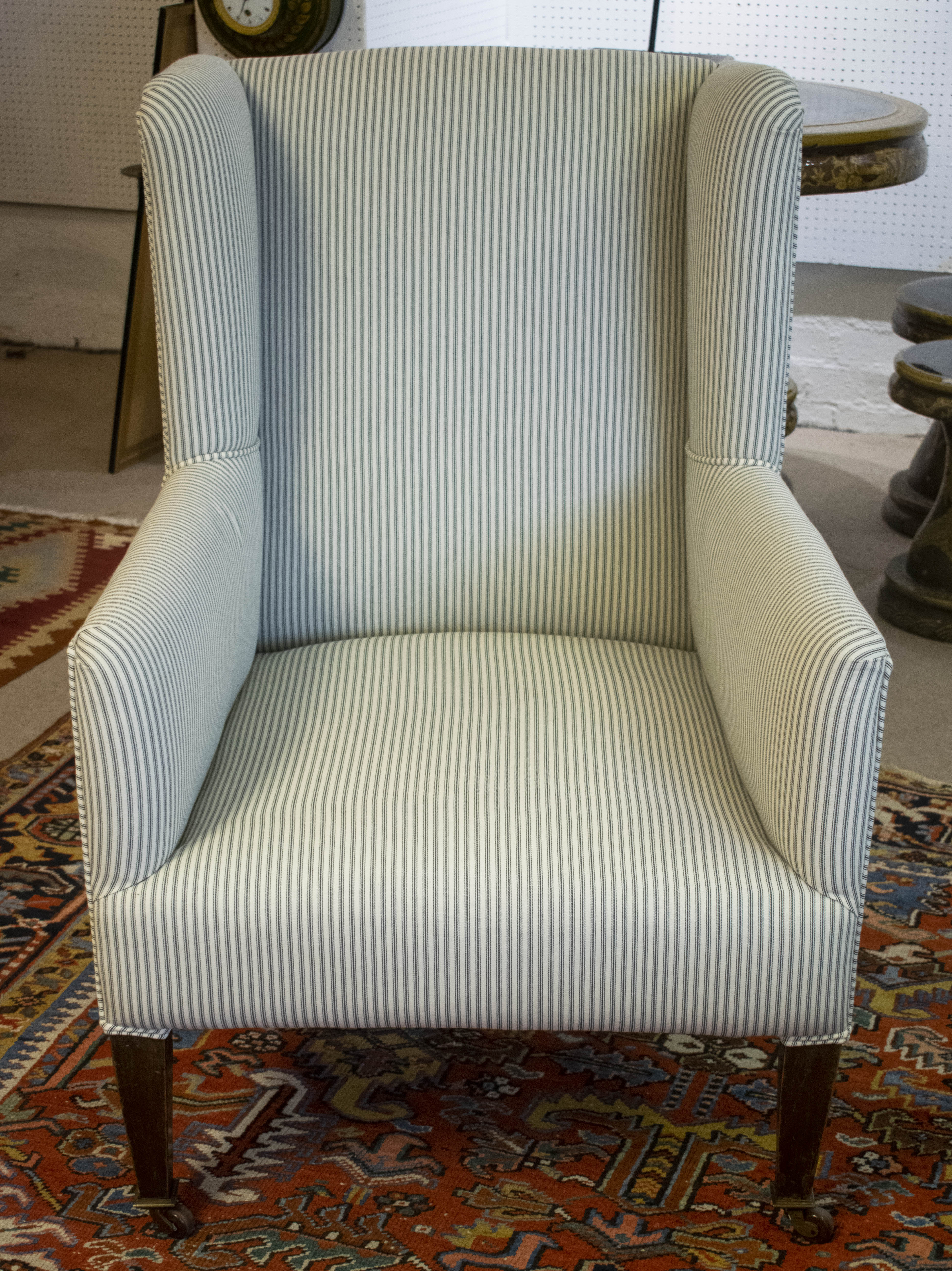 WING ARMCHAIR, 100cm H x 68cm W, Edwardian, newly upholstered in ticking on ceramic castors. - Bild 3 aus 7