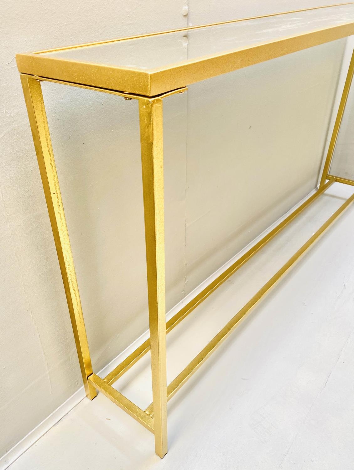 SLIM CONSOLE TABLE, gilt metal base inset glass top, 79cm x 152cm x 25cm. - Bild 6 aus 7