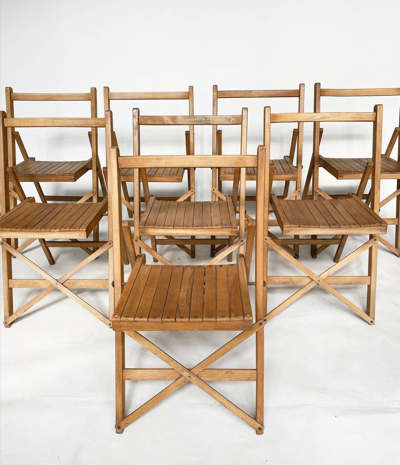 FOLDING CHAIRS, a set of eight, 1950s good quality English made beechwood. (8)