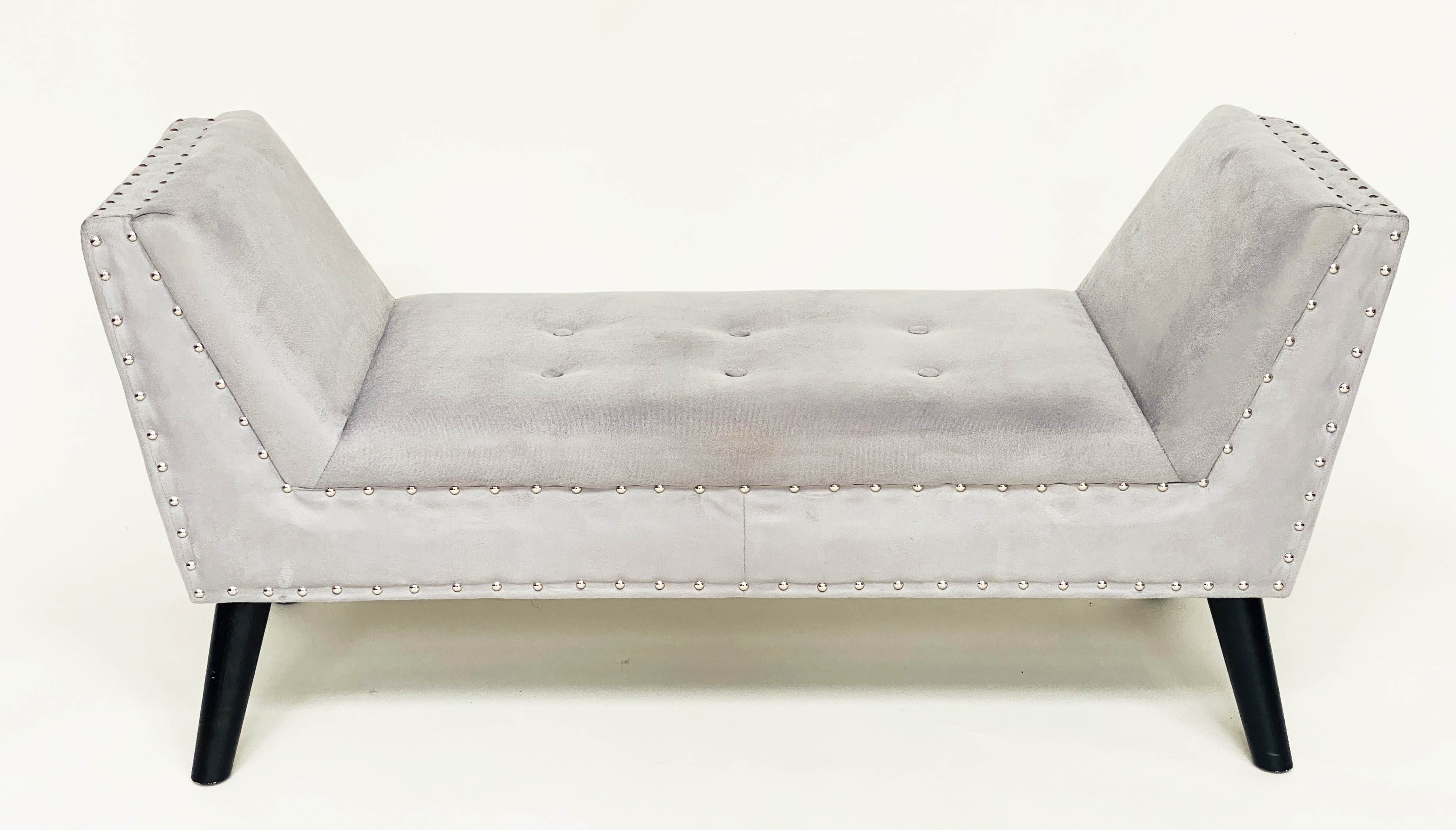 WINDOW SEAT, silver studded grey velvet, rectangular with raised arms and splay supports, 130cm W