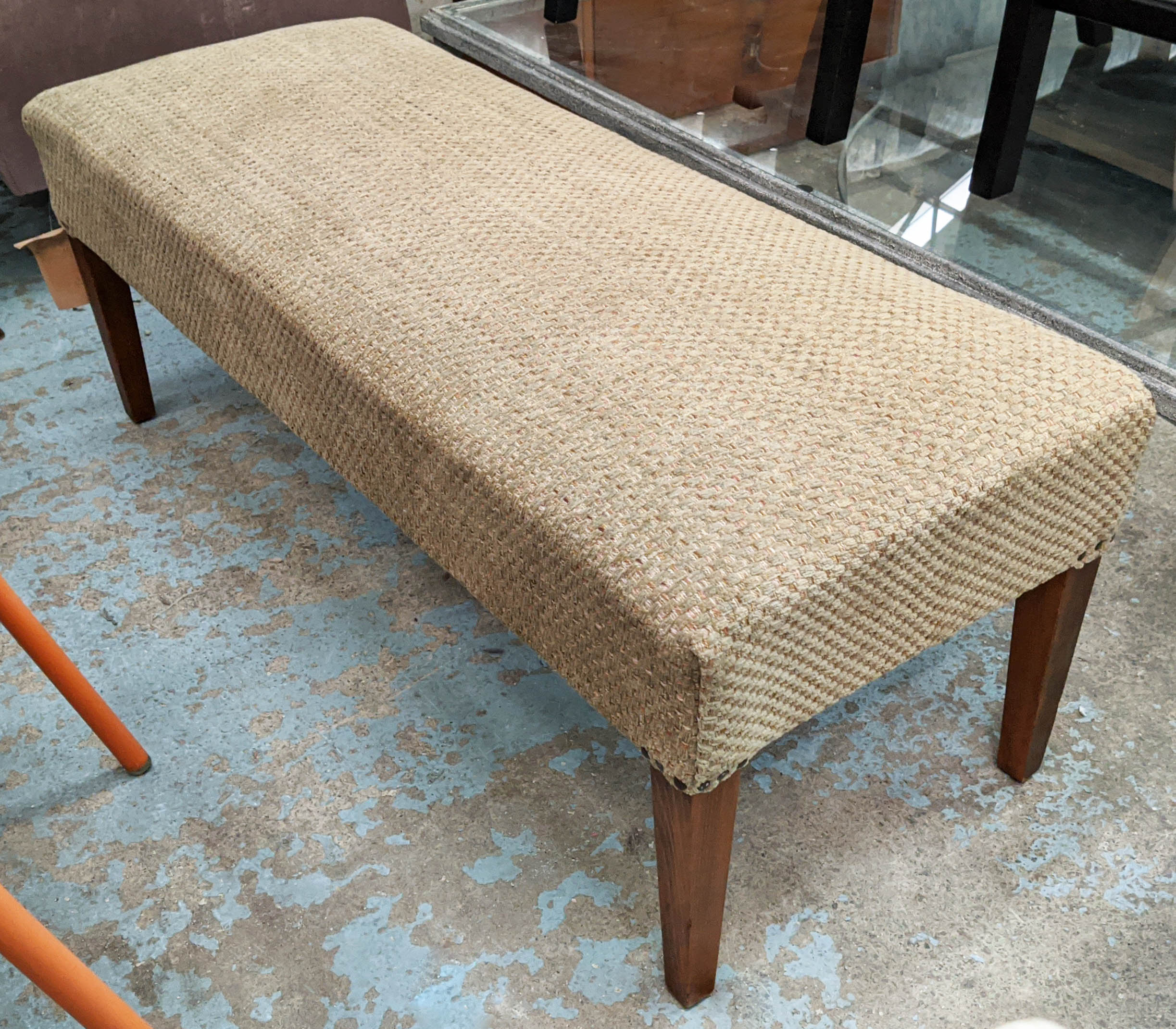 WINDOW SEAT, thick woven upholstery, studded detail, 125cm x 49cm x 49cm.