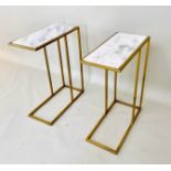 MARTINI TABLES, a pair, gilt metal, inserted white marble top, 60cm x 46cm x 22cm. (2)