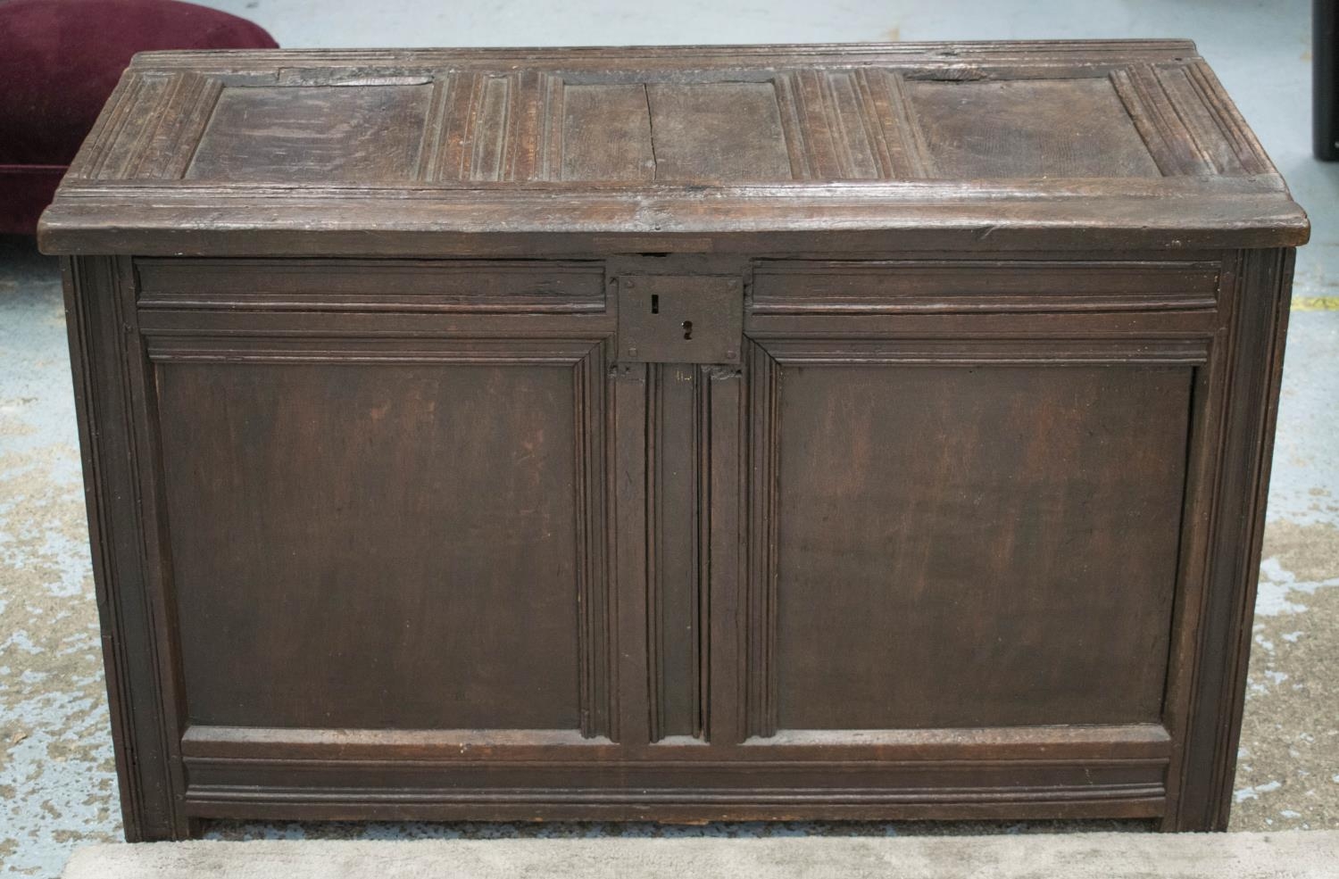 COFFER, 61cm H x 101cm W x 42cm D, 17th century oak, with hinged top.