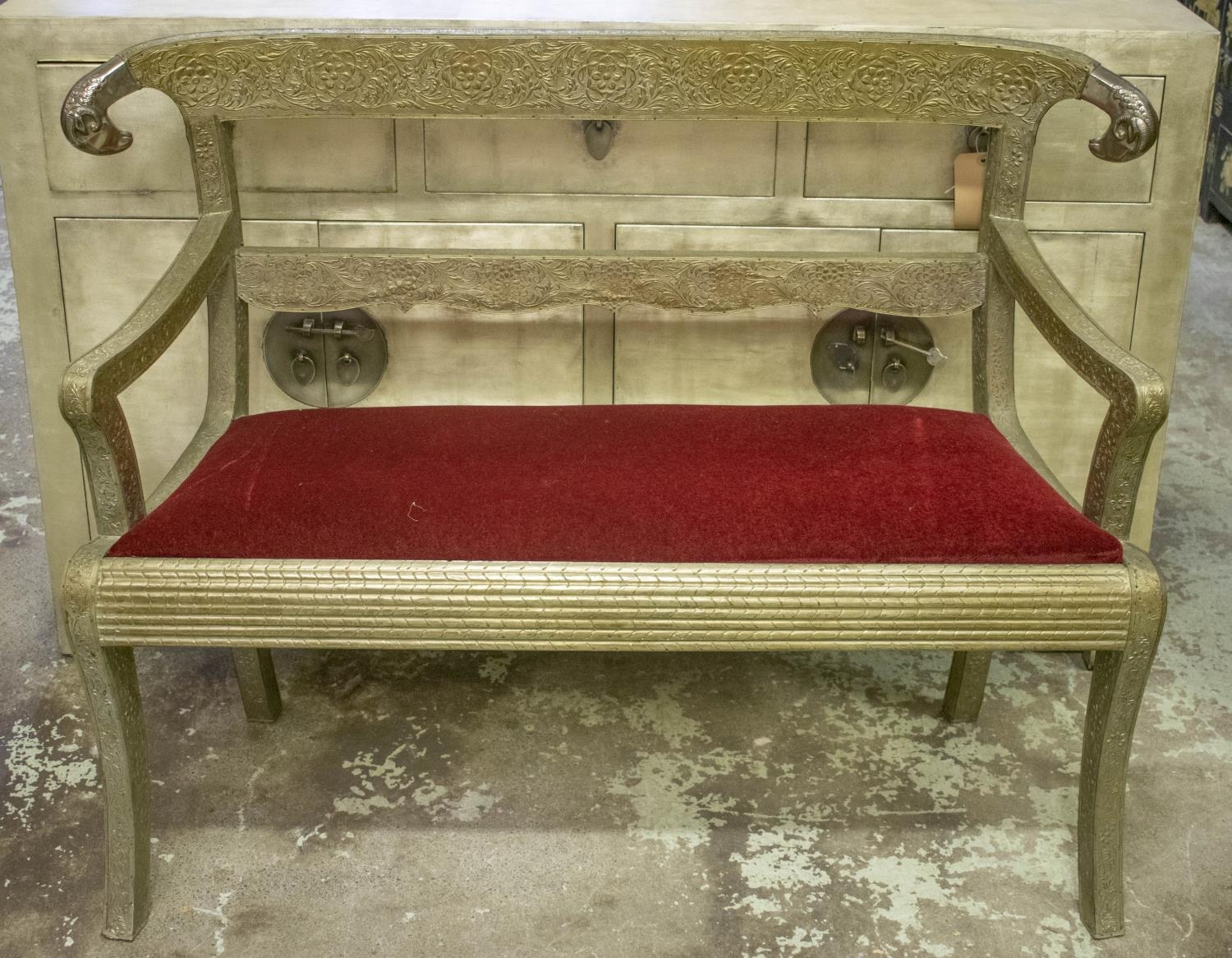 SOFA, 85cm H x 118cm, Anglo Indian metal clad and a pair of matching armchairs all with red velvet - Bild 5 aus 10