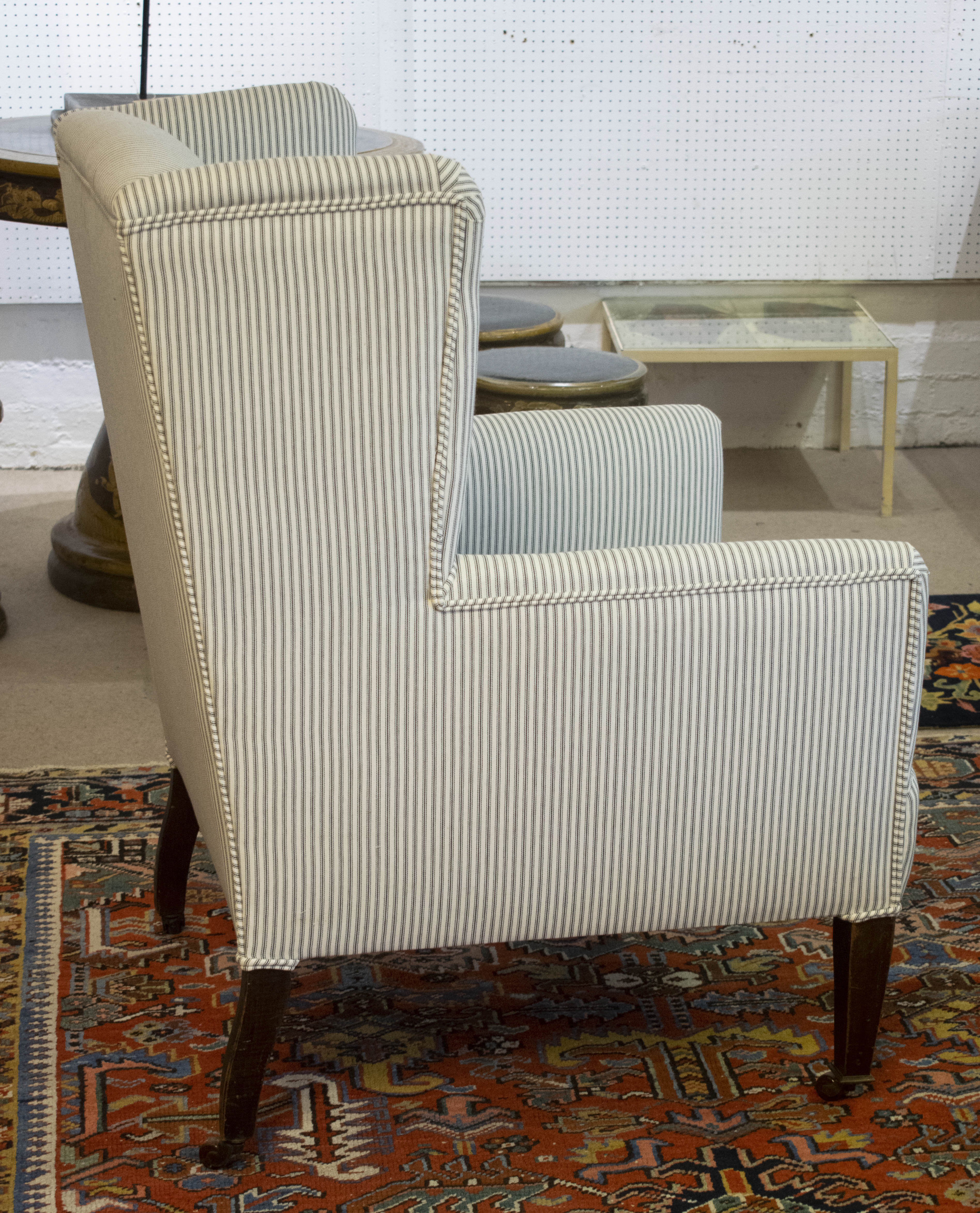 WING ARMCHAIR, 100cm H x 68cm W, Edwardian, newly upholstered in ticking on ceramic castors. - Bild 5 aus 7