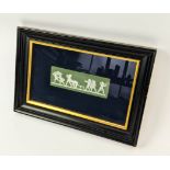 WEDGEWOOD GREEN JASPERWARE PLAQUE, children playing Blind man's Bluff, in black and gilt frame, 40cm