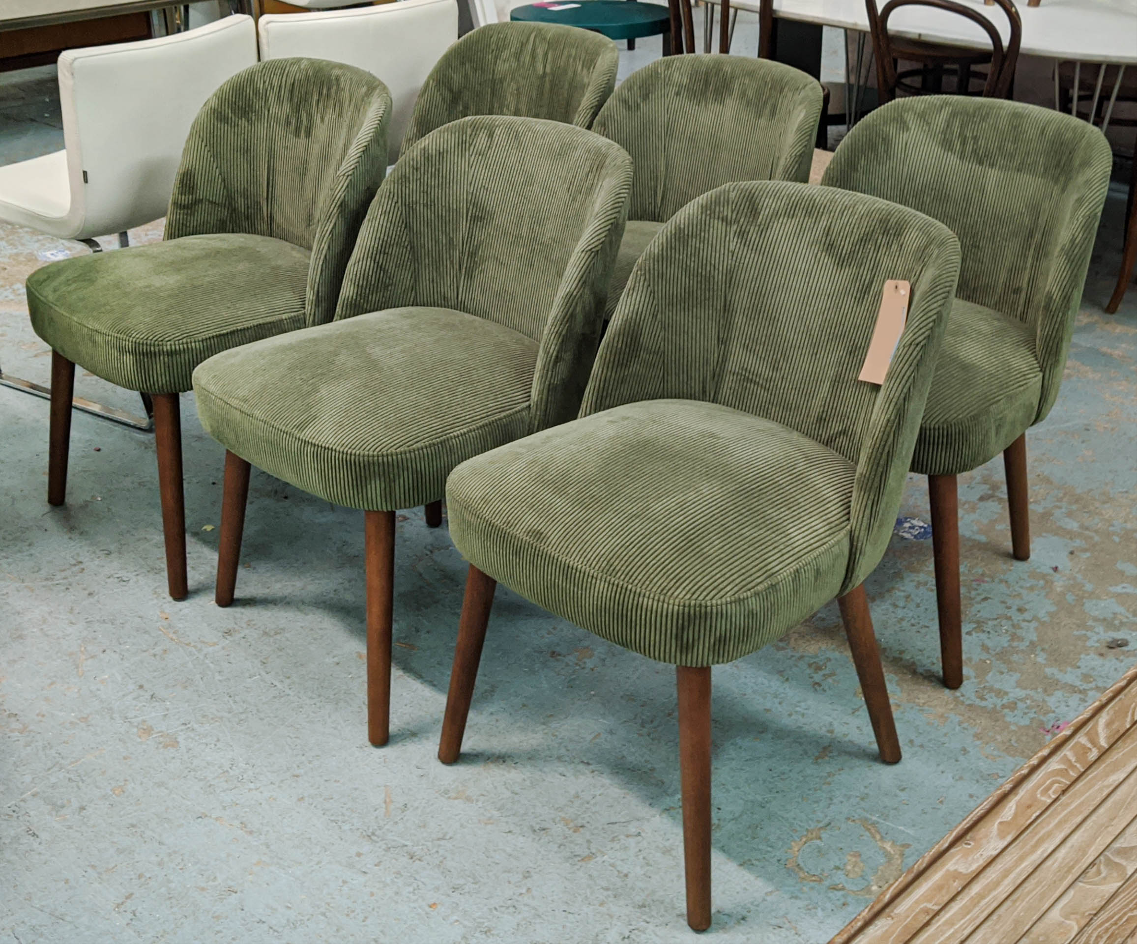 MADE.COM SWINTON CHAIRS, 75cm H, a set of six, with sage corduroy velvet upholstery. (6)