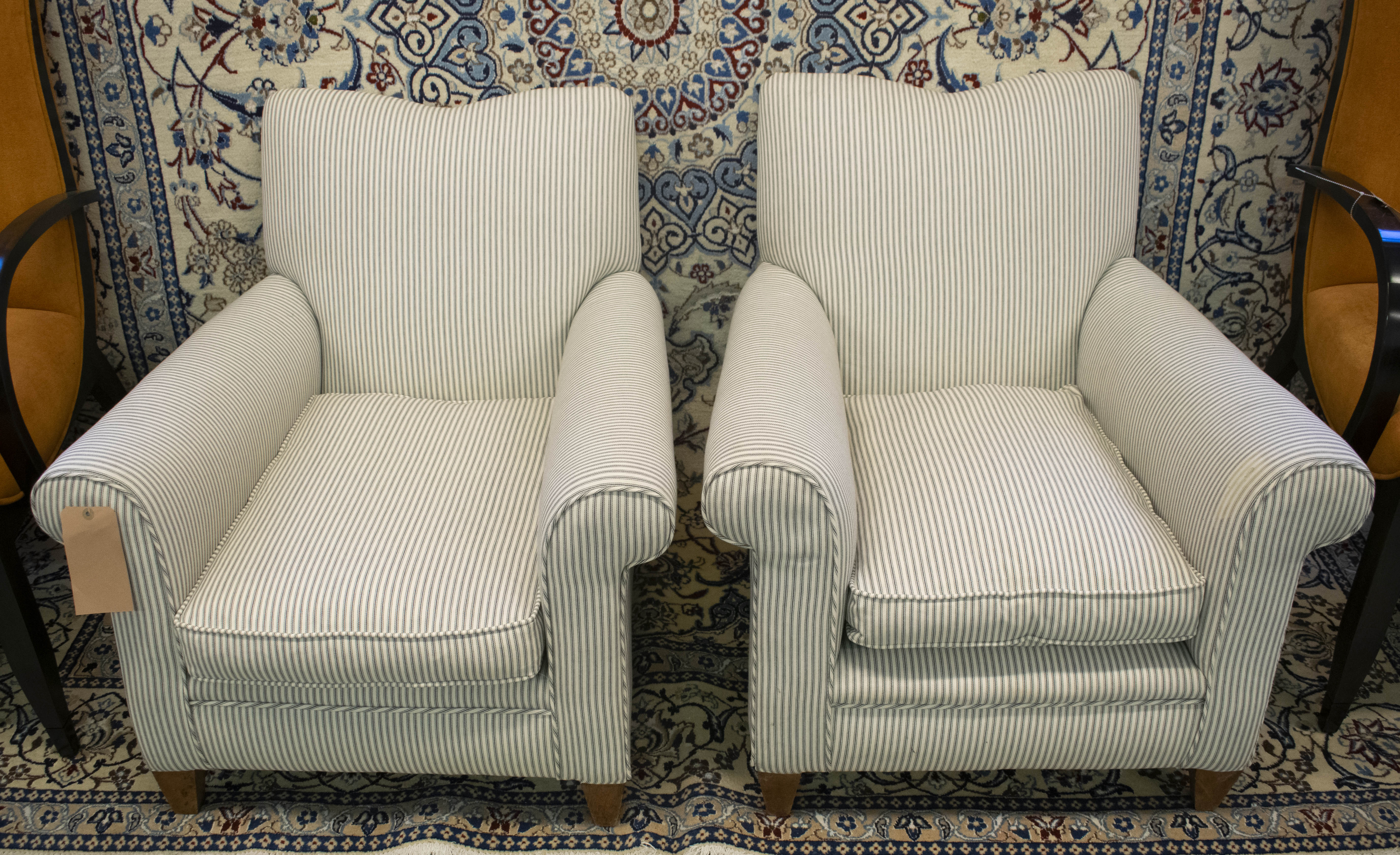 ARMCHAIRS, a pair, Victorian in newly upholstered ticking, 75cm H x 75cm W. (2)