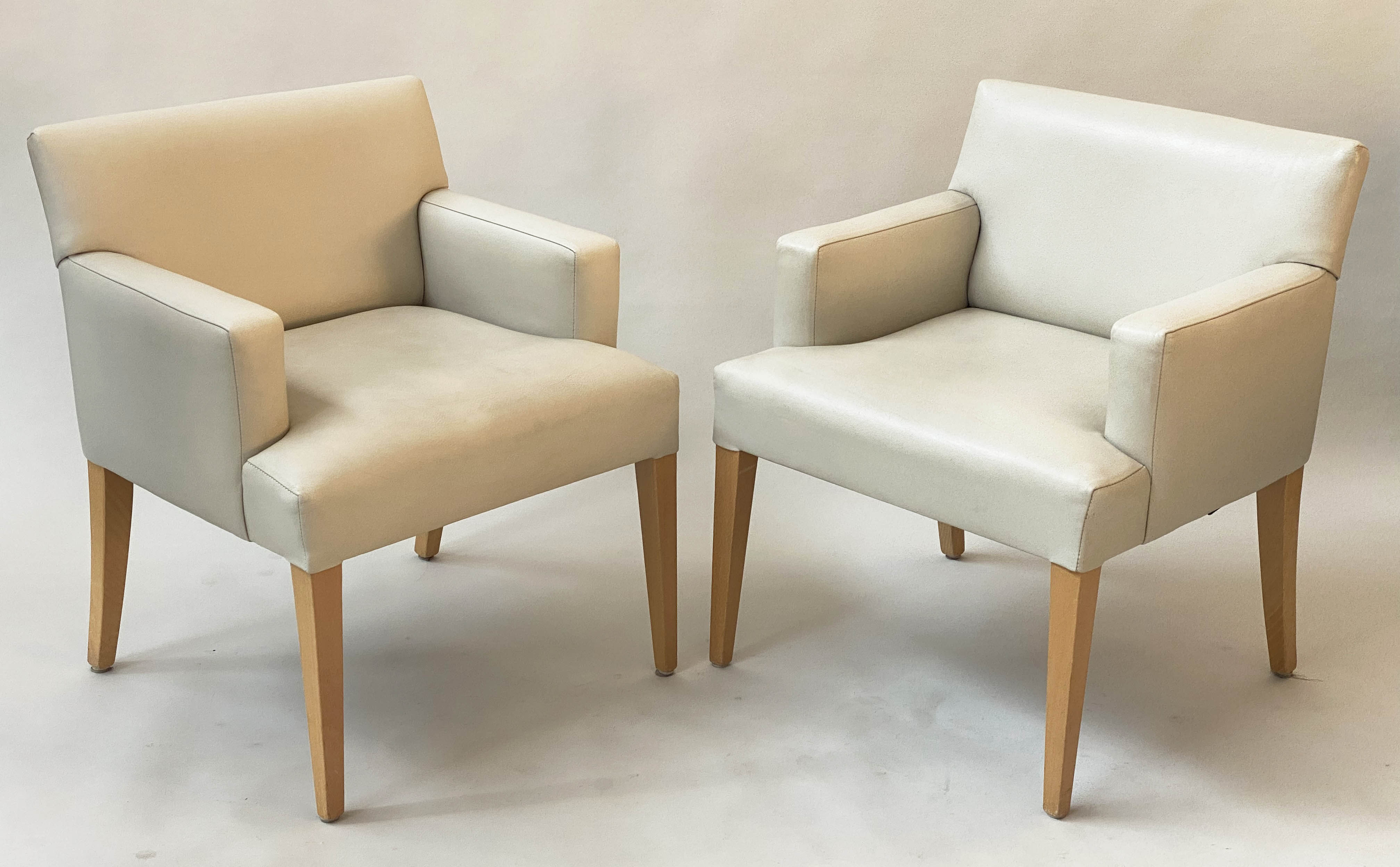ARMCHAIRS, a pair, 66cm W, 1970s Scandinavian style grey leather with tapering supports. (2)