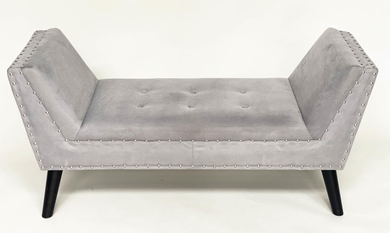 WINDOW SEAT, silver studded grey velvet, rectangular with raised arms and splay supports, 130cm W - Bild 2 aus 13
