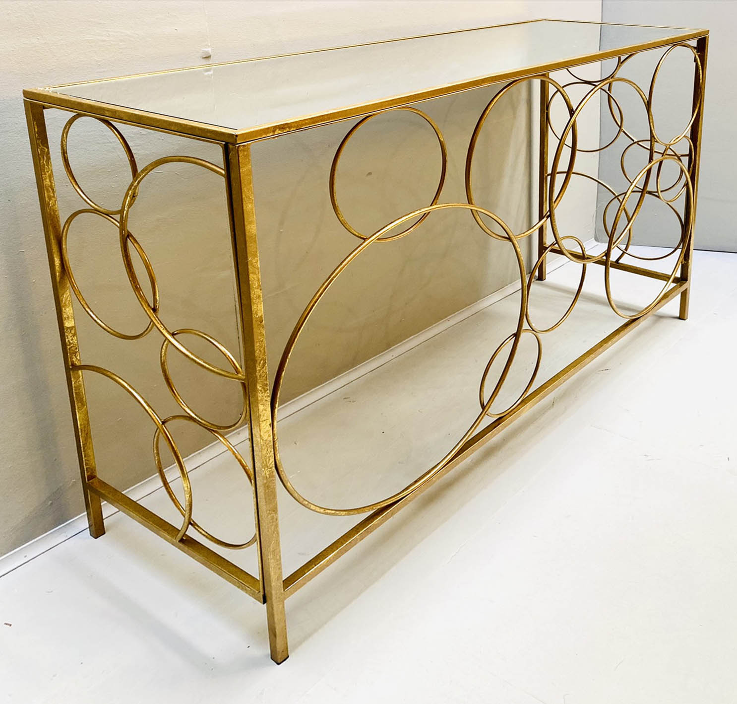 BUBBLE DESIGN CONSOLE TABLE, 80cm high, 120cm wide, 40cm deep, gilt base, mirrored top. - Bild 5 aus 7