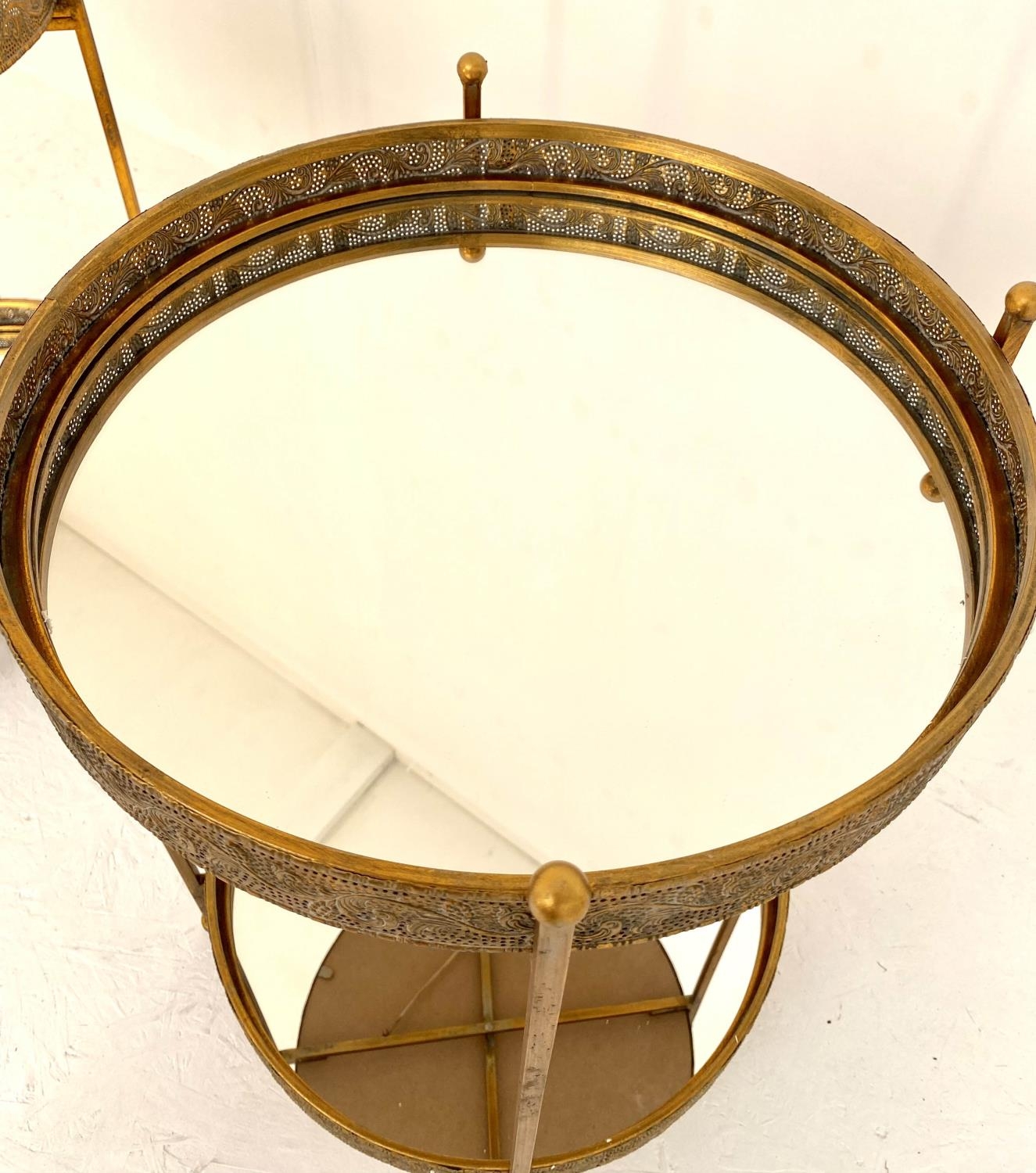 SIDE TABLES, pair, Maison Jansen style, 63cm high, 48cm diameter, gilt metal surrounds, mirrored - Bild 4 aus 7