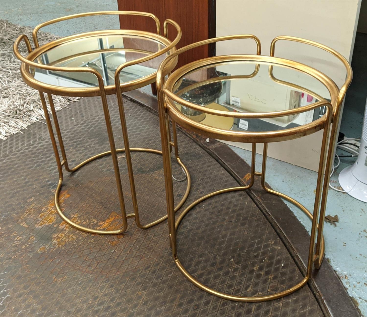 SIDE TABLES, a pair, 64cm x 48cm diam., 1970s Italian style, gilt metal, mirrored top. (2) - Bild 2 aus 7