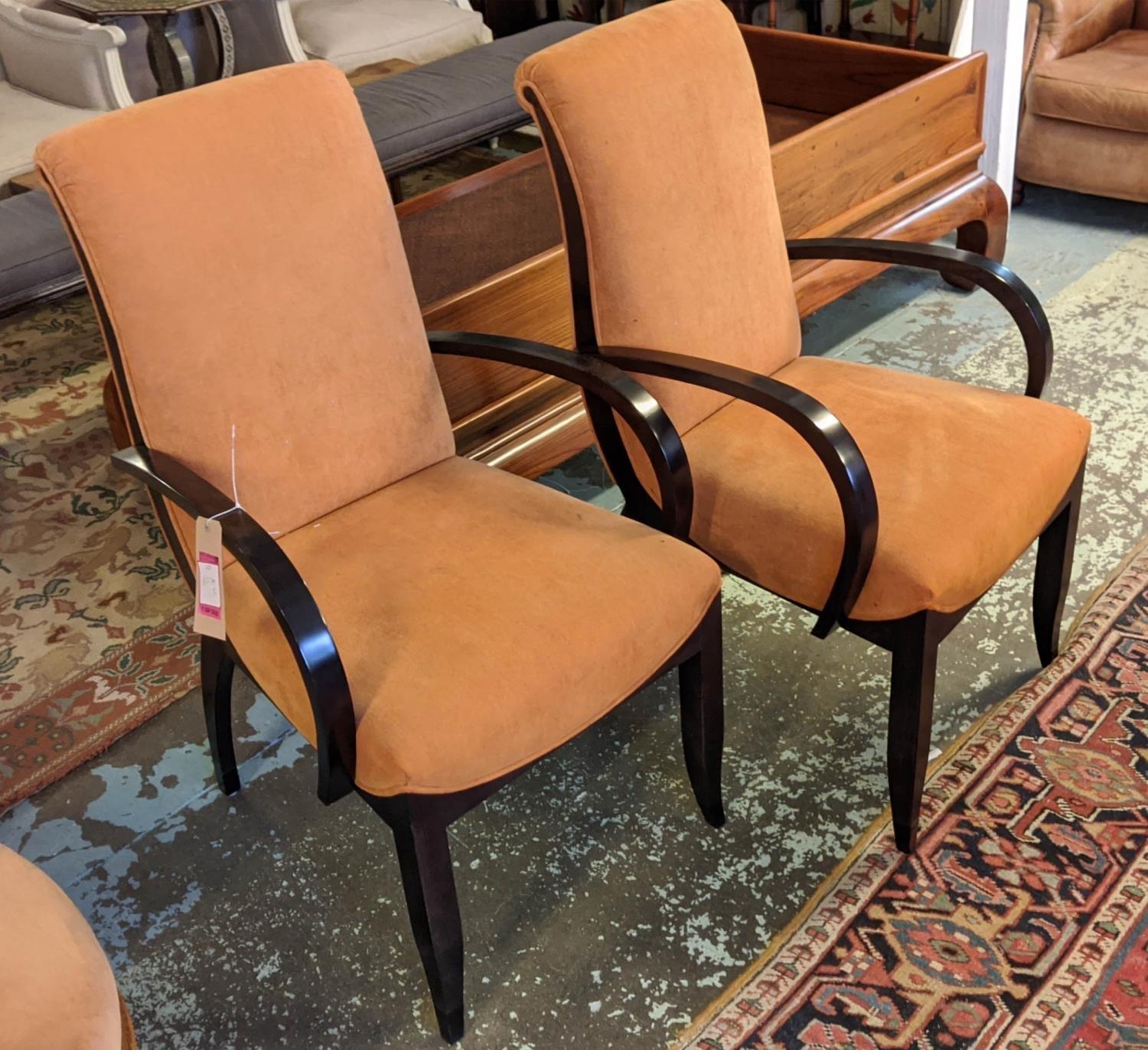 DAVIDSON ART DECO STYLE ARMCHAIRS, a pair each 57cm W x 104cm H, with orange chenille upholstery and