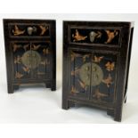 CHINOISERIE BEDSIDE CABINETS, a pair, ebonised and gilt decorated, each with single drawer above two